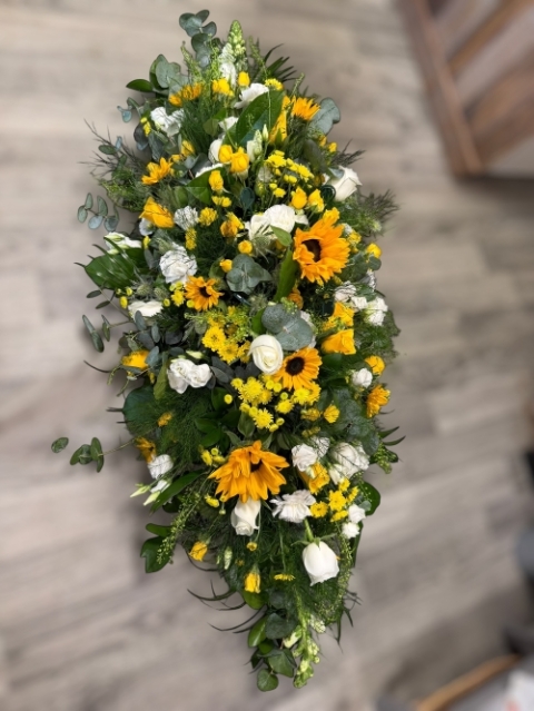 Sunflower & White Rose Casket Spray
